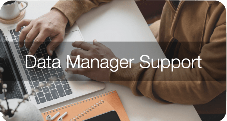 kready support data manager support top banner. Image of person with hands hovering over laptop computer keyboard sitting on a desk